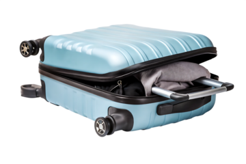 Light blue suitcase with clothing and handle isolated on a transparent background