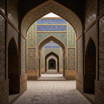 Perspective infinie d&rsquo;une mosqu&eacute;e persane aux arches d&eacute;cor&eacute;es de mosa&iuml;ques et motifs islamiques color&eacute;s