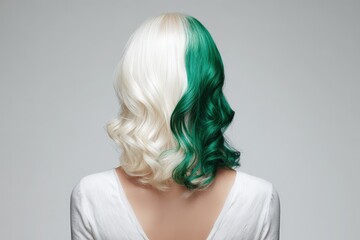 Naklejka premium Stylishly styled hair featuring vibrant green and white highlights against a neutral backdrop.