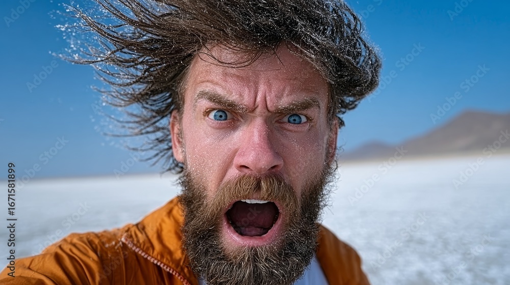 Aufkleber man with a beard and a beard is standing in a desert with his mouth open. he looks angry and surpris
