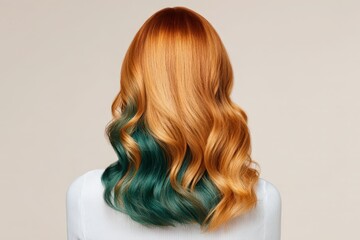 Fototapeta premium A woman's back view showcases vibrant, wavy hair with a striking ombre of auburn and teal, creating a dynamic and stylish look against a simple backdrop.