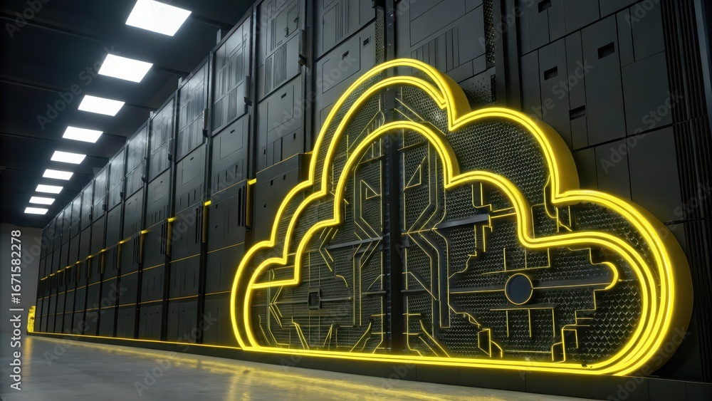 Poster gaming cloud hosting high-tech cloud storage facility with illuminated design and modern architectur