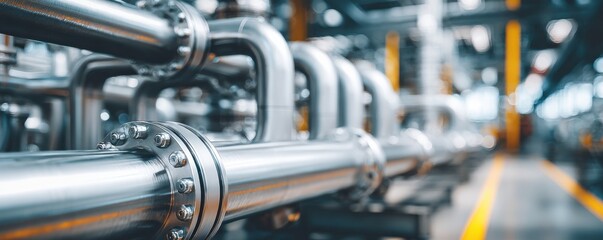 Close up view of industrial pipeline system with shiny metal tubes and valves in modern factory setting