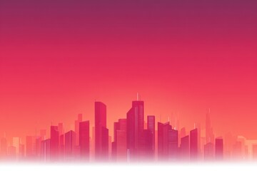 Fototapeta premium Gradient skyline, silhouetted against vibrant red-orange sky, fading into purple. Misted city view with tall buildings in the distance