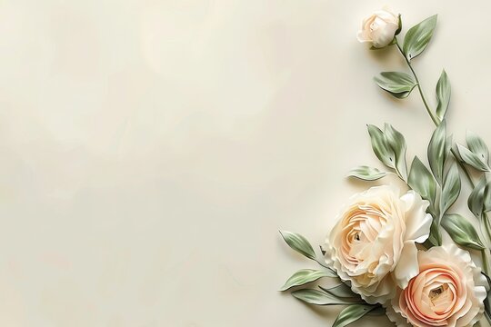 Delicate, pastel-toned floral arrangement in cream and peach hues, artfully arranged in a corner, against a soft, muted background.