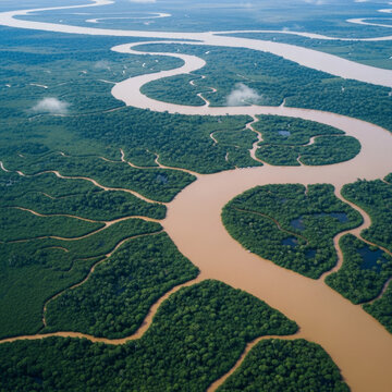 M&eacute;andres majestueux d&rsquo;un fleuve tropical serpentant &agrave; travers la jungle luxuriante vue du ciel