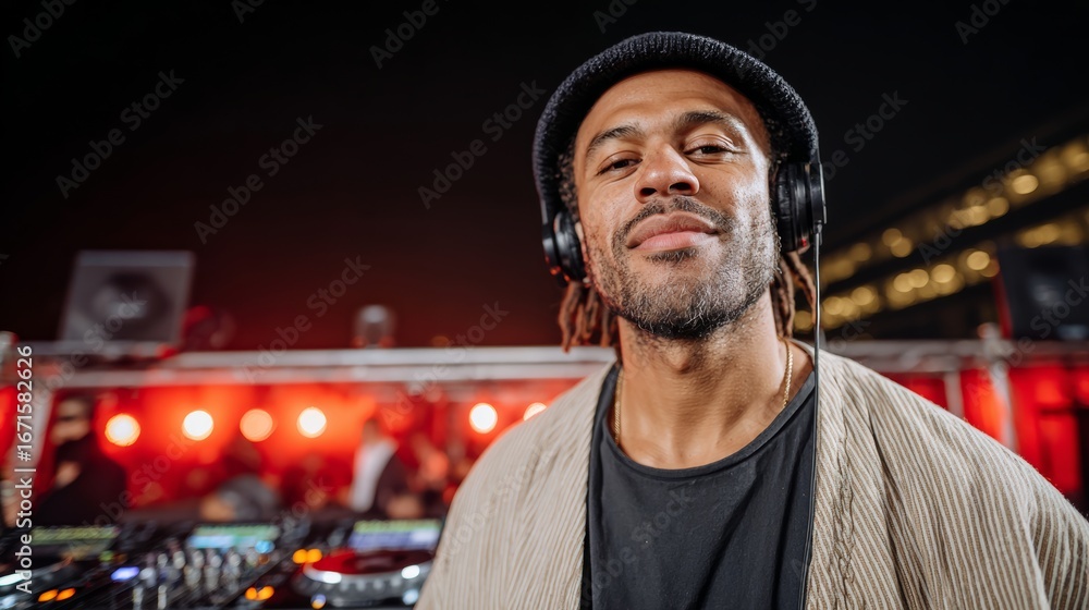 Poster man wearing a hat and headphones is standing in front of a dj booth. he is smiling and he is enjoyin