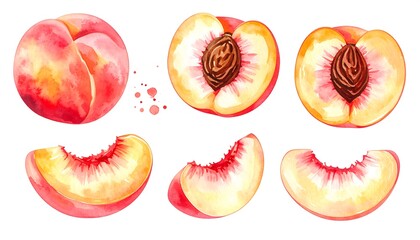 Watercolor painting of whole and sliced peaches