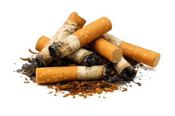 Pile of cigarette butts with ash on transparent background