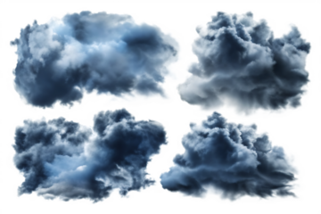 Four dark stormy clouds on white background png isolated on a transparent background
