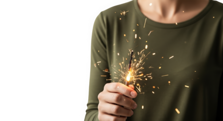 Woman holding sparkler with sparks flying indoors in casual attire  