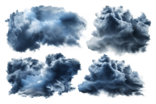 Four dark stormy clouds on white background png isolated on a transparent background