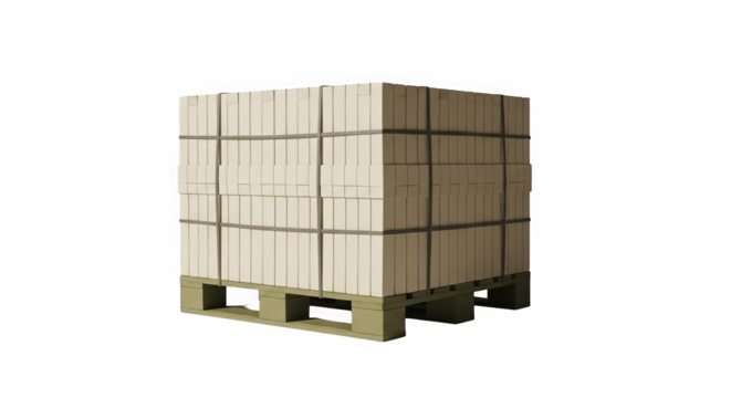 Wooden pallet stacked with packaged goods in warehouse setting  