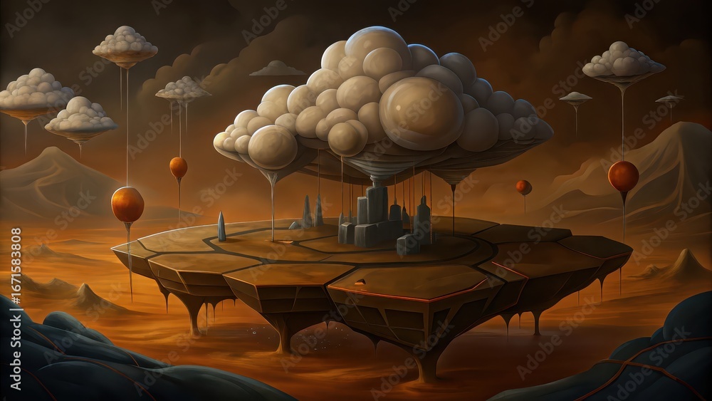 Poster gaming cloud hosting surreal floating island with clouds and a futuristic cityscape in a dreamlike l