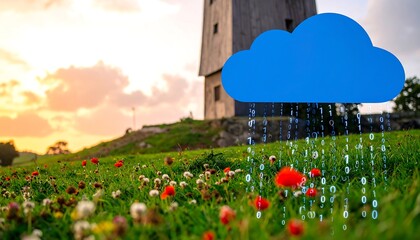 Sunset over a field of wildflowers with a large blue cloud icon symbolizing data raining down