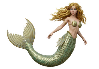 Isolated Blonde mermaid with flowing hair and scales, mythical aquatic creature, fantasy art