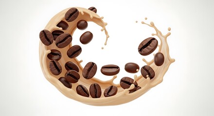 Roasted brown coffee beans splash through light cream vortex on a clean bright background