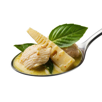 Polished tablespoon with vibrant Thai green curry, chicken, bamboo, basil, emerald sauce. Isolated on transparent, creamy bokeh, high key, perfection concept.