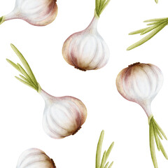 Watercolor garlic with green leaves seamless pattern on white. Onion simple illustration with bulbs and growing plant stem. Hand drawn botanical vegetable repeat background in for spicy food designs
