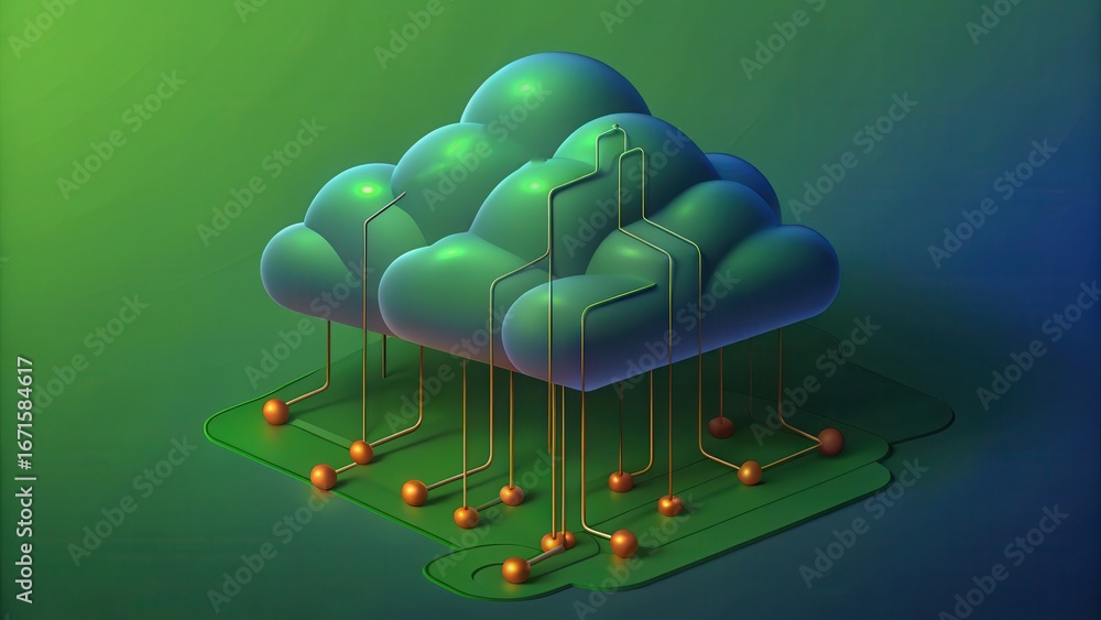 Aufkleber green cloud hosting stylized illustration of clouds with circuits and nodes, representing cloud comp