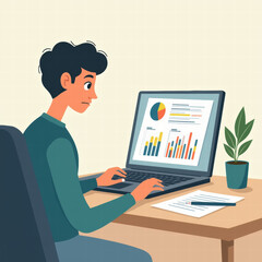 Focused individual analyzing data on laptop screen with charts and graphs.