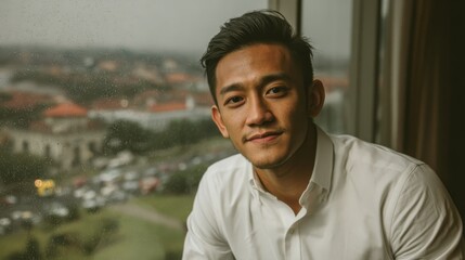 Obraz premium Young man in a white shirt smiling by a rainy window overlooking a bustling cityscape