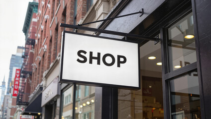 Obraz premium Shop signboard on city street storefront