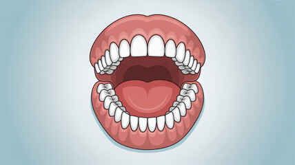Naklejka premium Cartoon Illustration of Open Human Mouth with Teeth Tongue and Gums Depicting Dental Hygiene and Oral Health Concepts