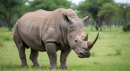 Obraz premium Majestic rhinoceros stands alert on verdant grassland within its natural habitat environment today