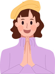 smiling woman with hands together