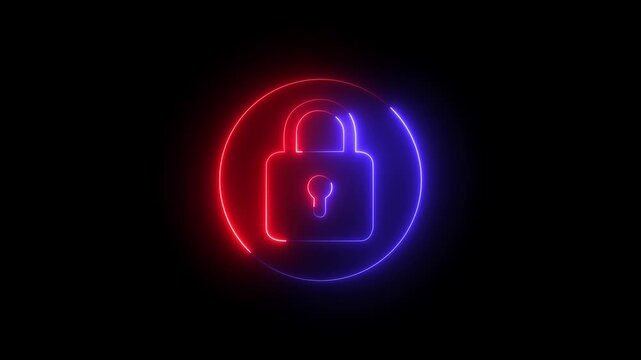 Glowing neon lock and password icon animation into circle. security encryption privacy padlock protection sign symbol. neon unlocked padlock icon.