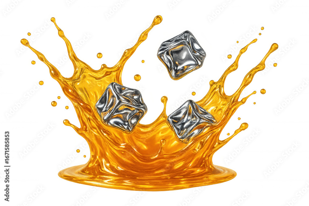 Poster three shiny ice cubes splashing into orange juice crown creating refreshing drink with transparent b