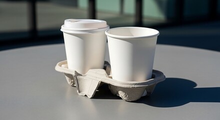 Two white takeaway coffee cups in matte grey carrier on café terrace table, architectural side angle product photography with crisp daylight reflections