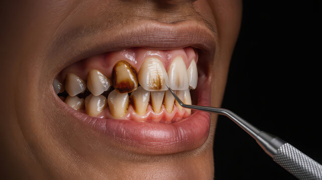 Close up of a human mouth showing teeth with heavy staining and dental instrument examination oral health and hygiene issues