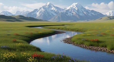 Fototapeta premium Serene Mountain Landscape with Winding River and Lush Green Fields.