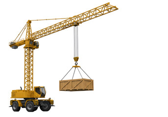Isolated yellow crane holding a wooden container, perfect for construction or industry visuals