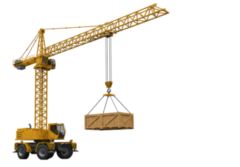 Isolated yellow crane holding a wooden container, perfect for construction or industry visuals