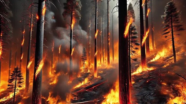 Video of wildfire devours pine trees as bright flames climb trunks and branches.
