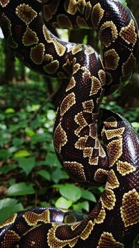 Close-up video shot of a coiled snake in a lush forest, captured from a low angle, highlighting its intricate patterns and natural habitat.
