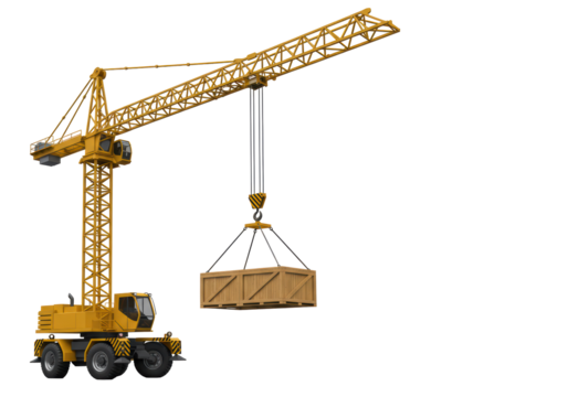 Isolated yellow crane holding a wooden container, perfect for construction or industry visuals - Powered by Adobe