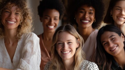 Obraz premium Group of diverse women smiling together in a cozy indoor setting during a joyful gathering