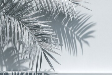 Silver palm fronds cast shadows on a light backdrop, offering a tropical, minimalist feel with subtle depth