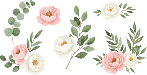 A collection of white and pink flowers with green leaves on white background on transparent background © MIRAJ02