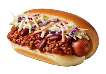 Plump, steamed hot dog with rich chili con carne and creamy coleslaw featuring shredded cabbage and carrots, in a glossy bun, isolated on a transparent background, shallow depth of field, concept of