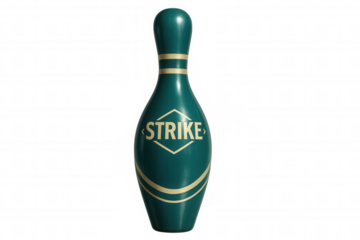 Green bowling pin with the word strike achieving a perfect score in bowling game with transparent background
