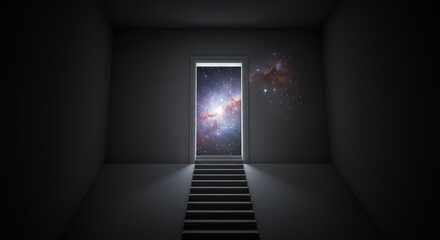 Obraz premium Dreamlike liminal space, a single flight of carpeted stairs in a void, leading to a doorframe that opens into a starry nebula, surrealism, impossible geometry, dream logic.