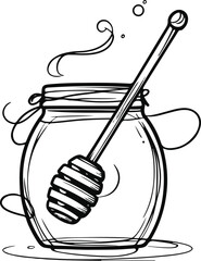 Black and white honey jar line art vector, abstract doodle outline with dipper stick, minimal sweet food sketch 1