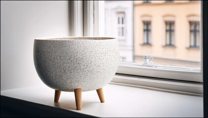 Round speckled pot on window sill with three wooden legs, city buildings out of focus beyond the window pane