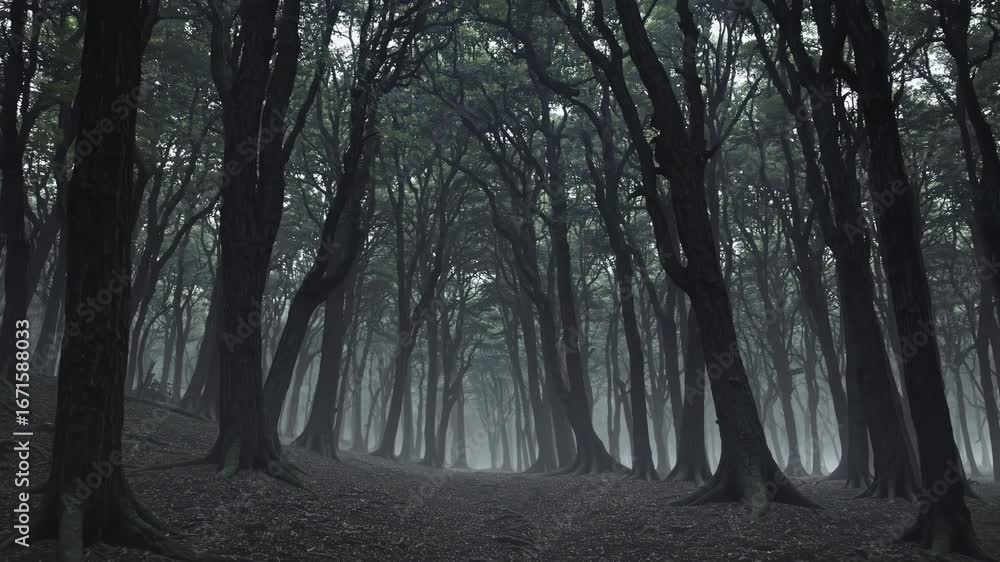 Poster eerie forest scene with towering trees in mist, captured from a low-angle, creating a mysterious atm