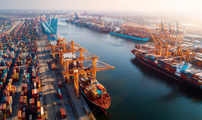 Busy international shipping port with container cranes and cargo ships large scale logistics hub vibrant industrial activity by the waterfront. generative aI